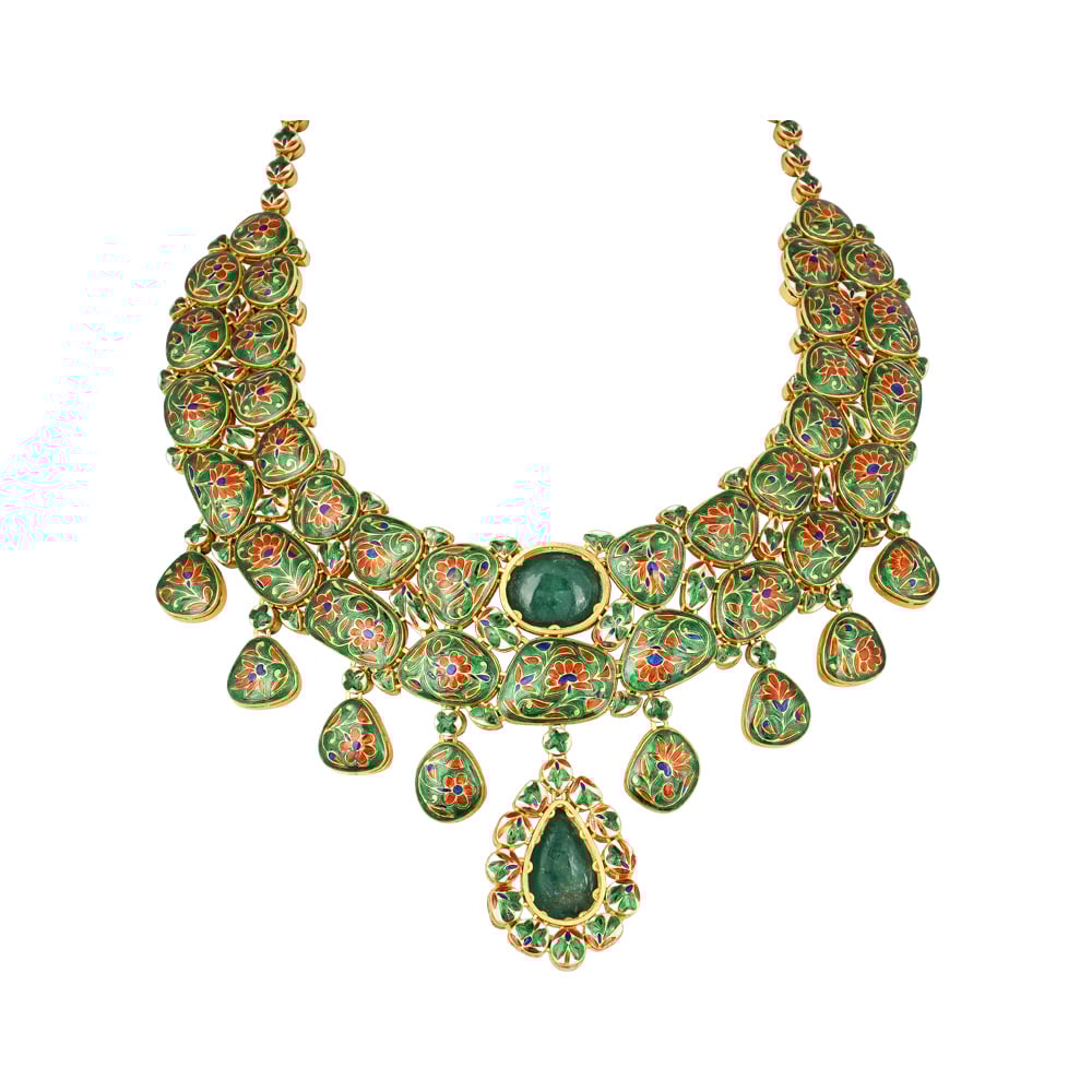 Polki Necklace with Green Meena and Emerald Cabochons